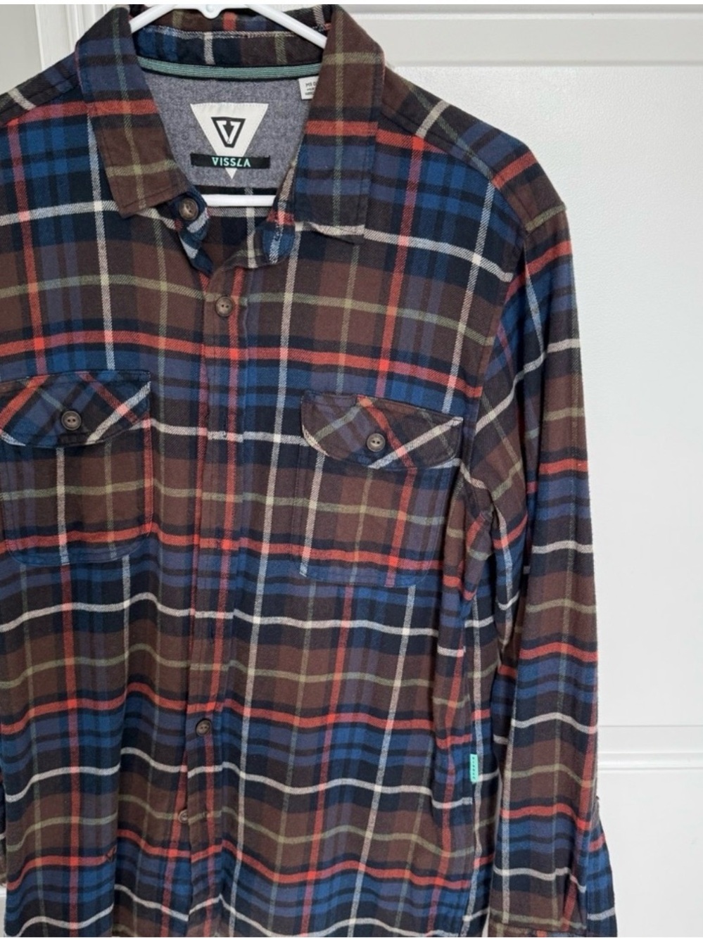 VISSLA Plaid Button-Up Shirt in Blue and Brown with Rust Accents